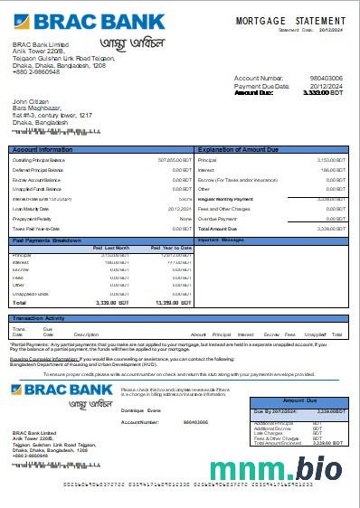 Bangladesz Bank BRAC wyciąg z kredytu hipotecznego szablon Word i PDF
